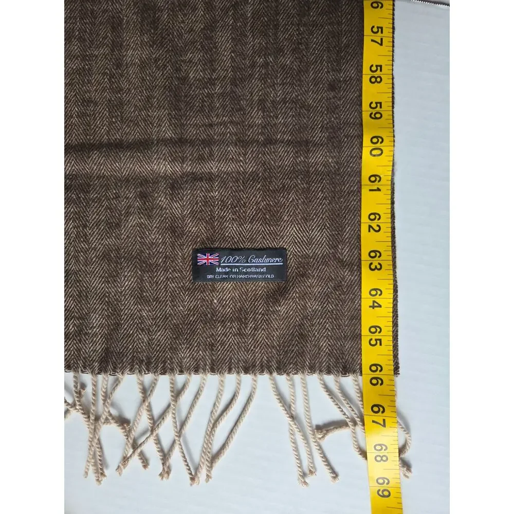 100% Cashmere Herringbone Scarf Brown Made in Scotland 67” Classic Fringe
